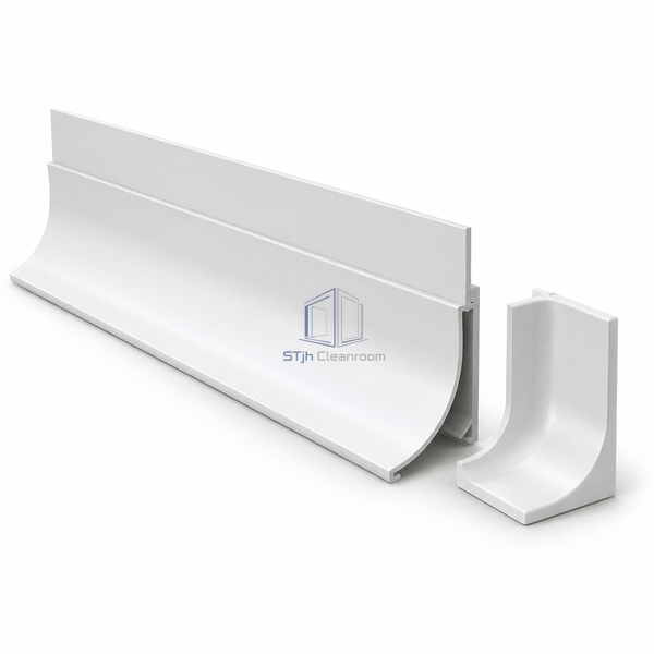 STJH-INTERNAL-CLEANROOM-COVING-PROFILE-R45 aluminum concave cove with matching corner interface on a white background