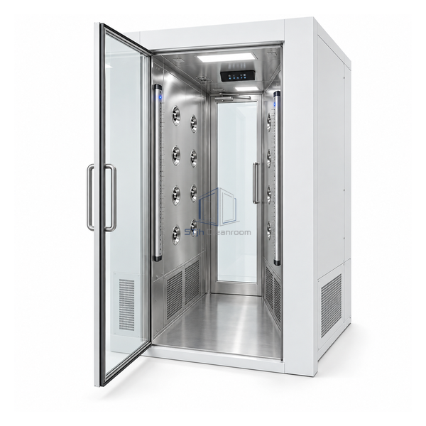 STjh 1000 mm ionizing air shower with two visible emitter bars, bilateral nozzles and a compact personnel chamber