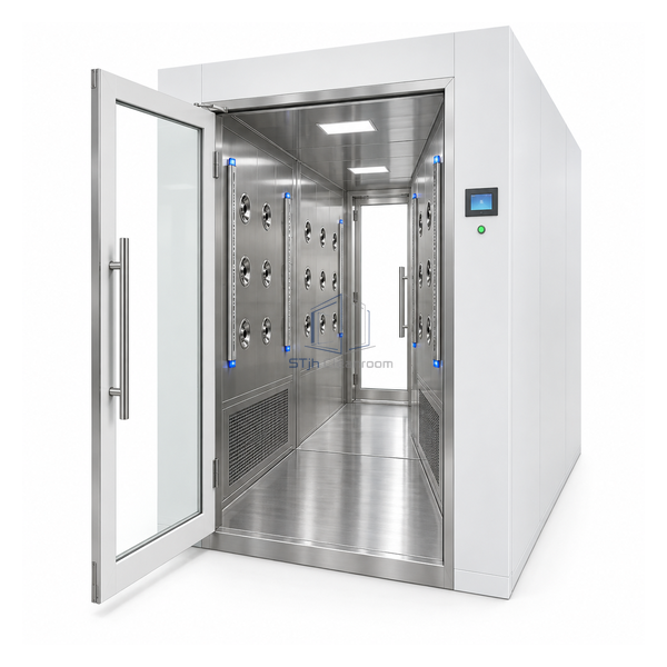STjh 2000 mm ionizing air shower with four emitter bars and a two-section stainless personnel passage