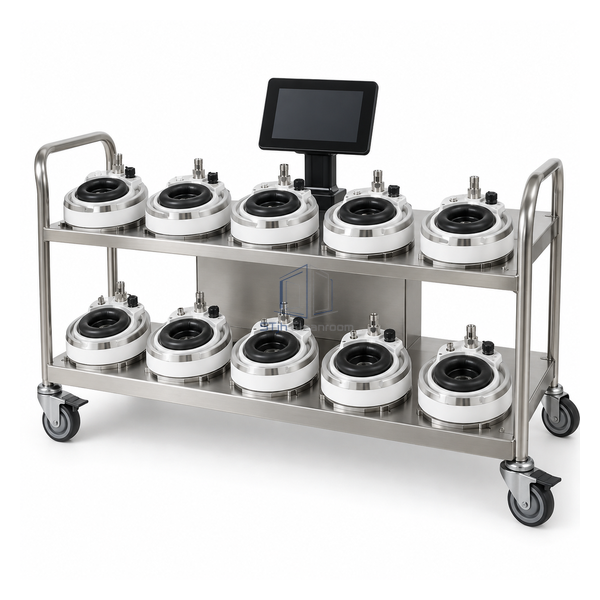 STjh ten-head glove integrity testing system with a mobile charging station