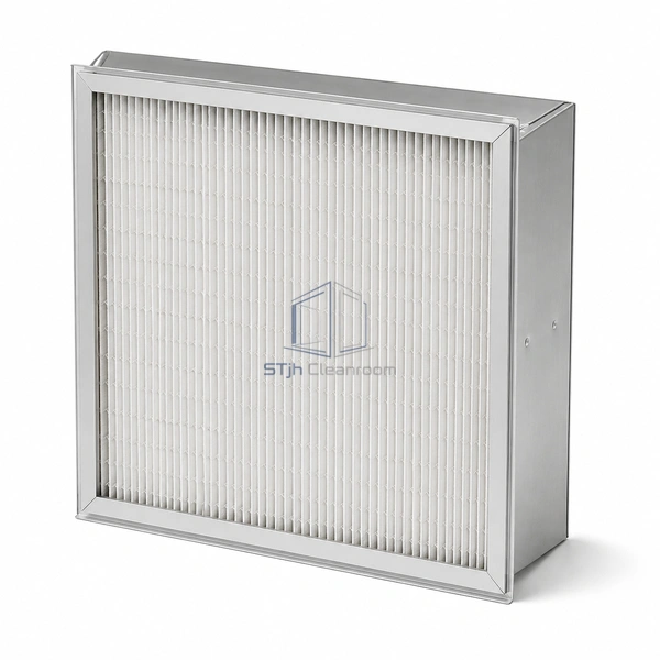 STJH-KNIFE-EDGE-HEPA-H14-305X305X109 square aluminum HEPA panel with projecting perimeter profile on white