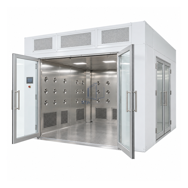 STjh wide L-shaped air shower with twin front entrance doors and a perpendicular double-leaf exit on the right