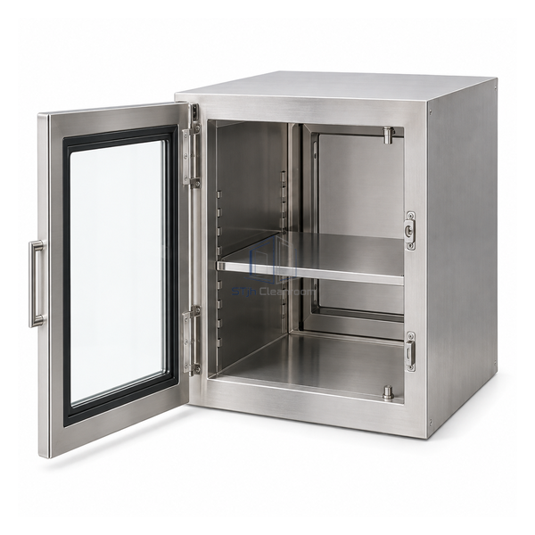 STjh deep 12 by 18 by 15 inch welded stainless laboratory specimen pass box with removable internal shelf