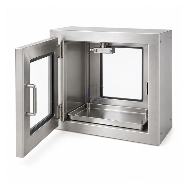 STjh shallow 337 by 324 by 152 mm stainless specimen pass box with two doors and removable drip tray