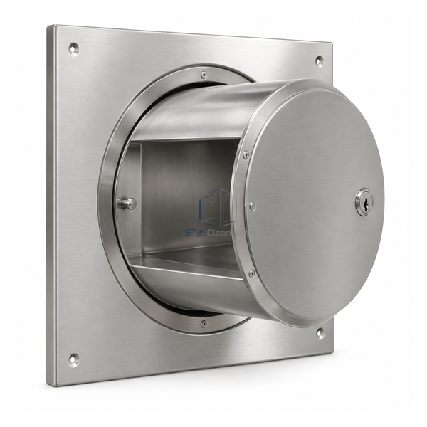 STjh 305 mm rotating-cylinder laboratory specimen pass box with recessed stainless face and removable turntable drum