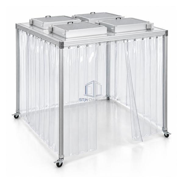 STjh 2000 by 2000 mm square laminar-flow canopy with four H14 roof modules and clear flexible curtains