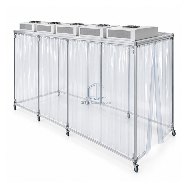 STjh 3000 by 2000 mm rectangular laminar-flow canopy with six H14 roof modules and clear curtain perimeter