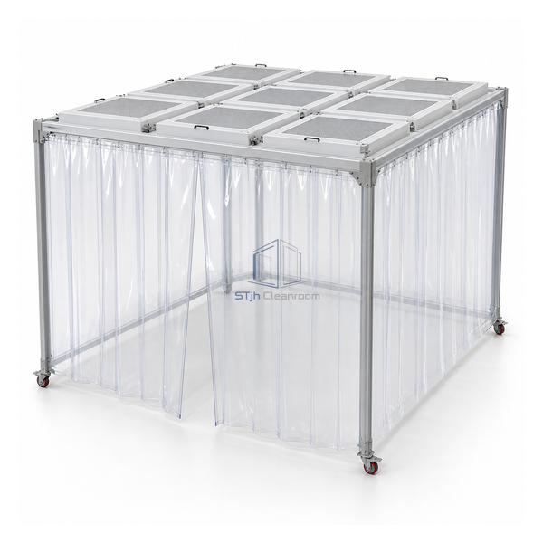 STjh large 3000 by 3000 mm square laminar-flow canopy with nine H14 roof modules and flexible curtain walls