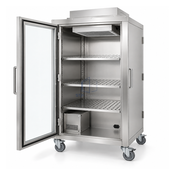 STjh 120 V laminar-flow transfer cart with two full-height doors, three perforated shelves and roof HEPA unit