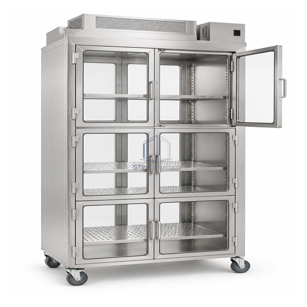 STjh 120 V laminar-flow transfer cart with six independent glazed doors and three HEPA-protected shelf zones