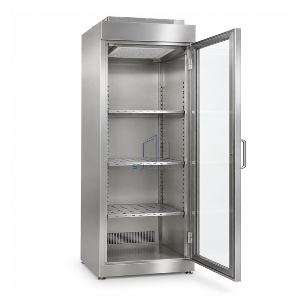 STjh compact 24 inch stainless laminar storage cabinet with ULPA roof unit and three perforated shelves