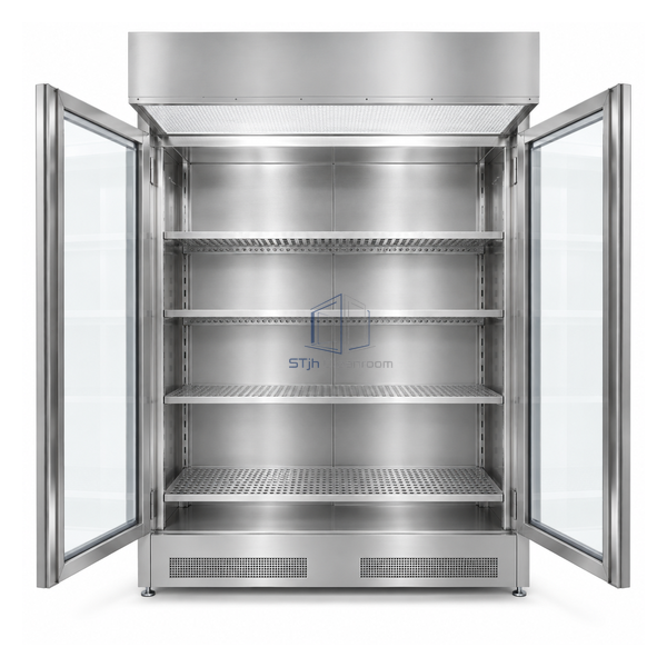 STjh wide 48 inch stainless laminar storage cabinet with double doors, ULPA roof and broad shelves