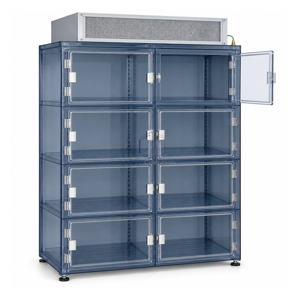 STjh eight-compartment static-dissipative PVC storage cabinet with independent doors and top HEPA module