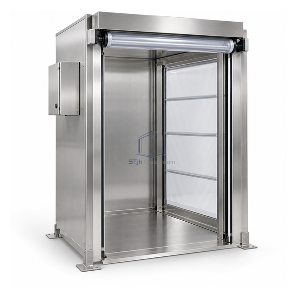 STjh compact 29 by 28 by 44 inch floor material transfer chamber with opposed roll-up doors and automatic interlock