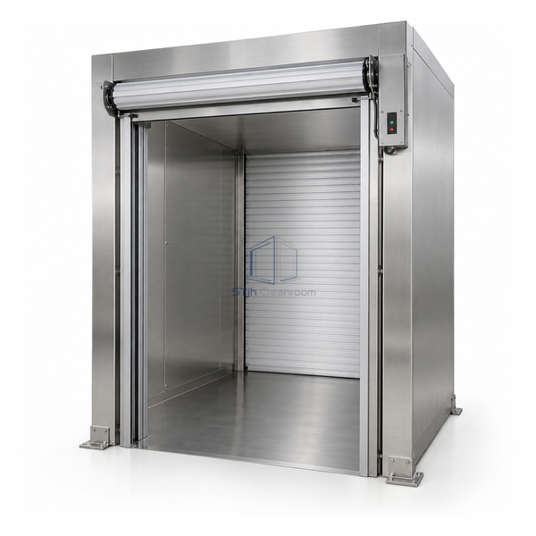 STjh mid-size 53 by 48 by 66 inch floor transfer chamber with aluminum roll-up doors and wide cart opening