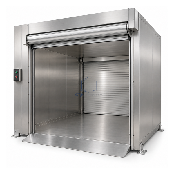 STjh extra-wide 68 by 48 by 61 inch floor material chamber with opposed interlocked roll-up doors