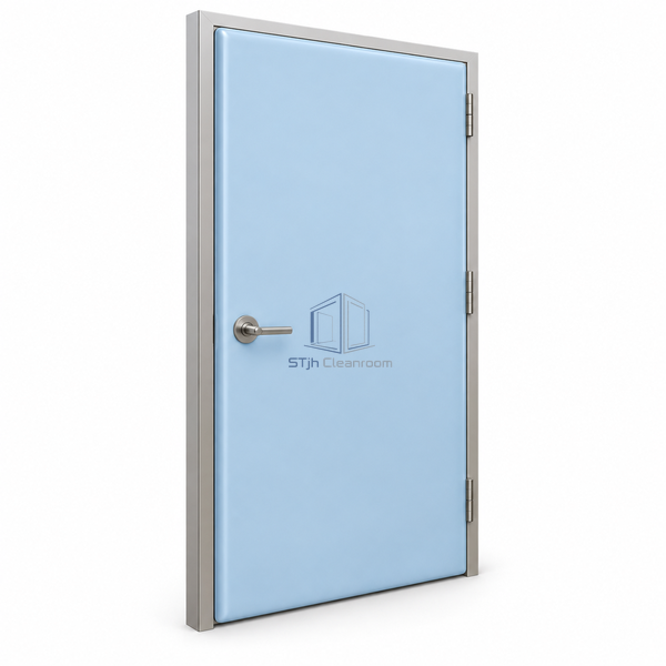 STjh GRP hinged lead-lined hygienic door shown as a complete smooth single swing doorset on white.