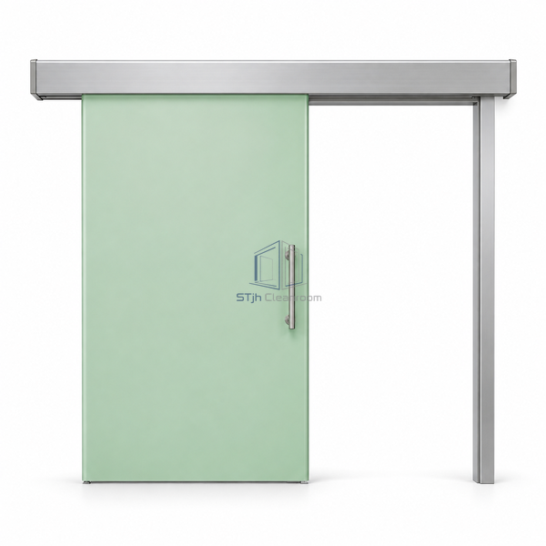 STjh lead-lined GRP sliding door with a smooth fiberglass leaf, pull handle and overhead rail against white.