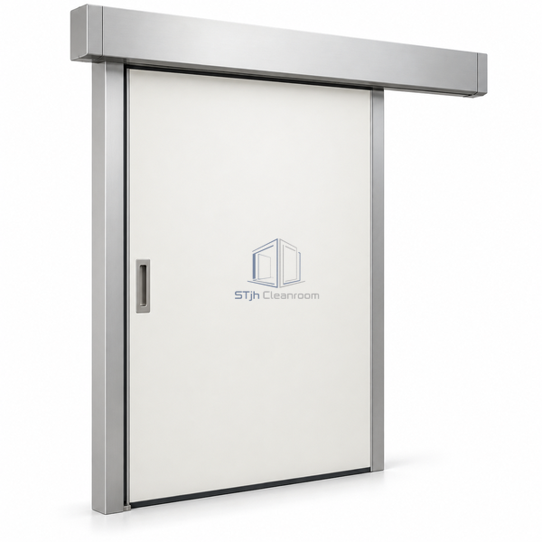 STjh HPL hermetic lead-lined sliding door with an opaque laminate leaf and enclosed overhead operator housing on white.