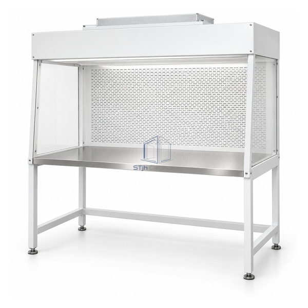STjh compact 4 foot freestanding clean-air workstation with roof HEPA unit and open stainless platform