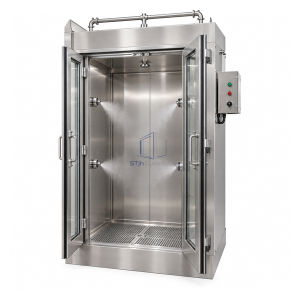 STjh fixed four-nozzle stainless protective-suit wet-down shower with an overhead cleaning manifold and drained floor