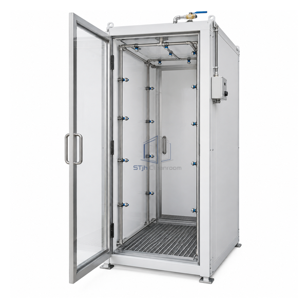 STjh fixed 8 litre-per-minute protective-suit wet-down cubicle with enclosed panels and a fine-mist manifold