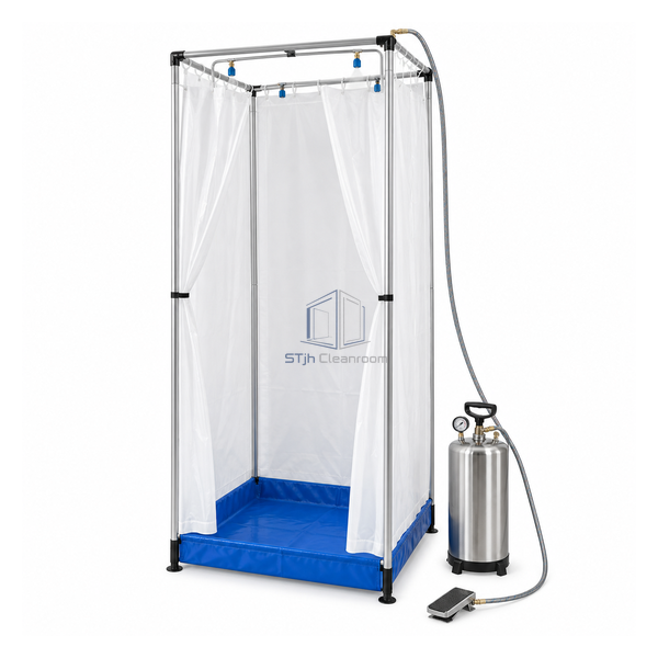 STjh portable suit misting shower with an aluminum frame, washable curtain, blue sump and 15 litre pressure cylinder