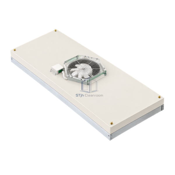 STjh 610 x 1220 mm long low-noise FFU with a central guarded fan and extended ivory steel deck at both ends
