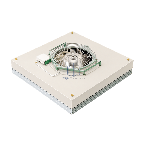 STjh square 610 mm low-noise FFU with an ivory-coated case, circular wire fan guard and small green-window junction box