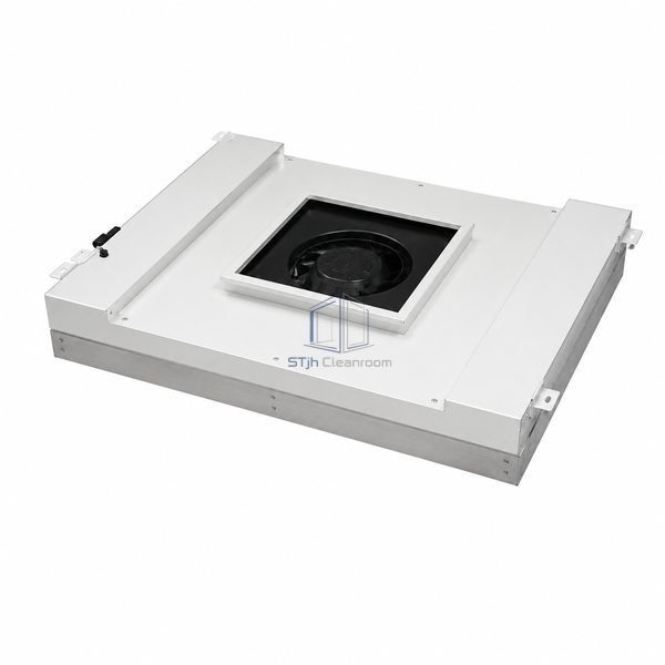 STjh 760 x 610 mm low-noise fan filter unit with a square recessed inlet and raised white side covers