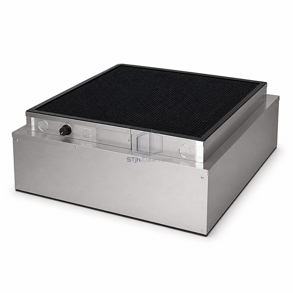 STjh square 24 x 24 inch aluminum low-profile fan filter unit with a large black top prefilter and front speed knob