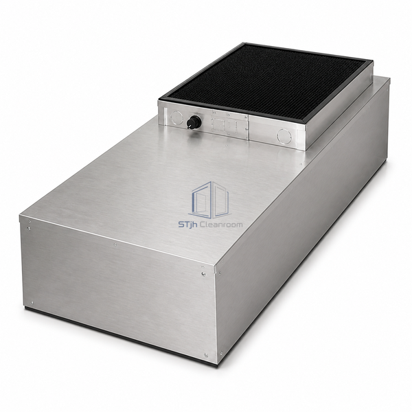 STjh long 24 x 48 inch aluminum fan filter unit with an extended front plenum and compact rear prefilter tray