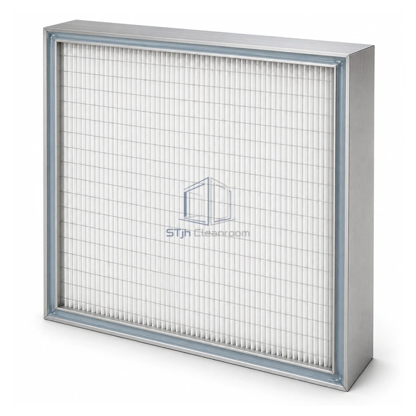 STJH-LOW-RESISTANCE-HEPA-H14-GEL610 square HEPA filter with recessed blue gel-seal trough on a white background