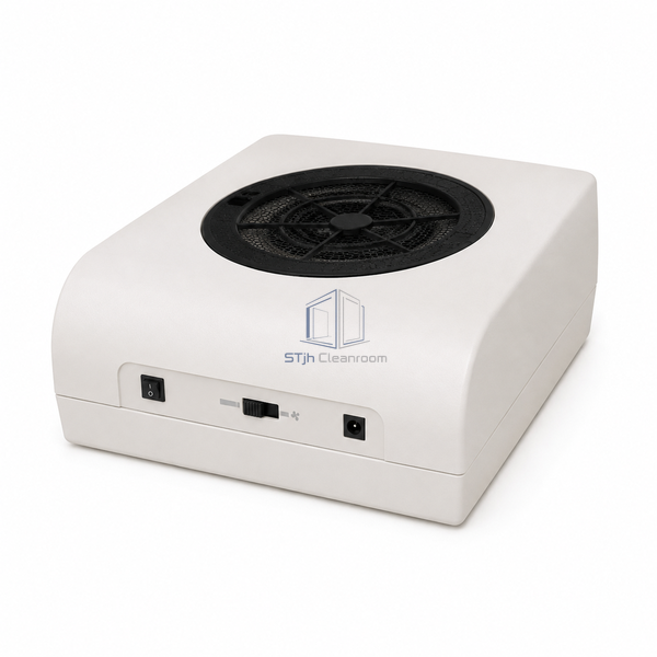 STJH-LOW-VOLTAGE-DC-FFU-250X256-24V compact two-speed fan filter module shown on a white background