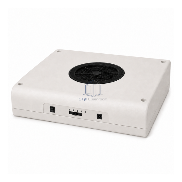 STJH-LOW-VOLTAGE-DC-FFU-514X520-24V broad-face fan filter module with a square HEPA outlet on white
