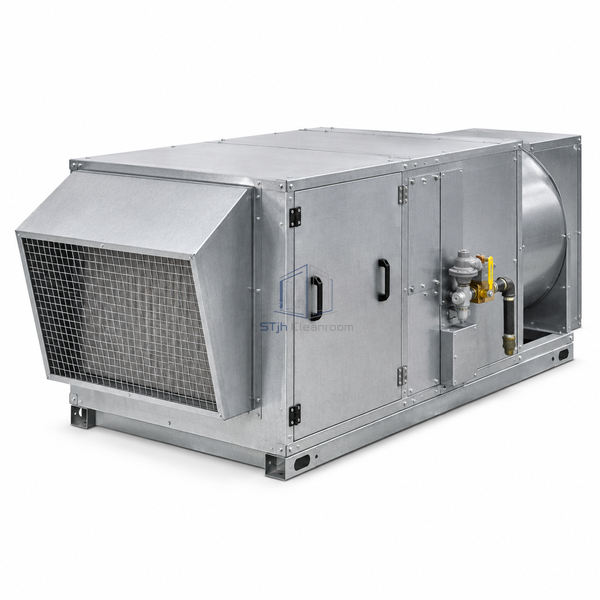 STjh 3200 CFM compact direct-fired makeup air unit with a narrow intake hood and burner cabinet on white.