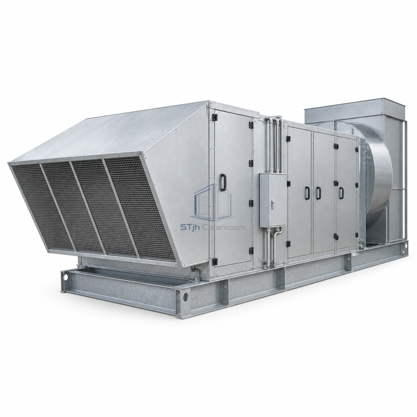 STjh 48000 CFM direct-fired makeup air unit with a wide industrial cabinet and extended fan section on white.