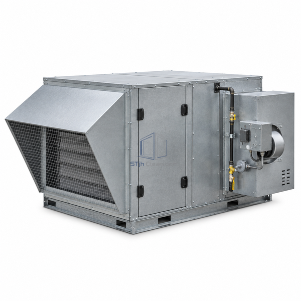 STjh 7500 CFM makeup air unit with a square medium cabinet, larger fan bay and intake hood, main view on white.