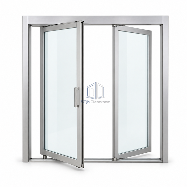 STjh pin-guide manual breakout door on white with a visible floor track and glazed panels partly pivoted from the sliding frame.