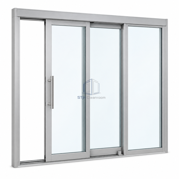 STjh three-panel manual telescopic door on white showing two overlapping glazed sliding leaves beside a single sidelite.