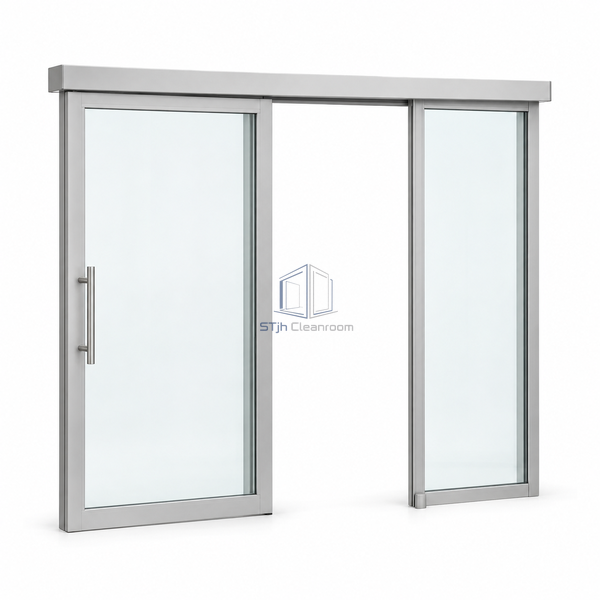 STjh trackless manual sliding door on white with one glazed moving panel, one sidelite and an open floor crossing.
