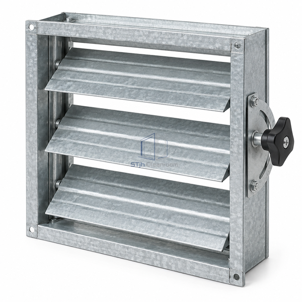 STJH-MANUAL-VOLUME-CONTROL-DAMPER-300X300 white-background main image of compact square blade frame and locking handle