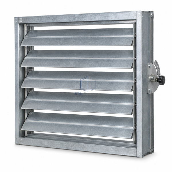 STJH-MANUAL-VOLUME-CONTROL-DAMPER-600X600 white-background main view showing medium linked blade bank and quadrant