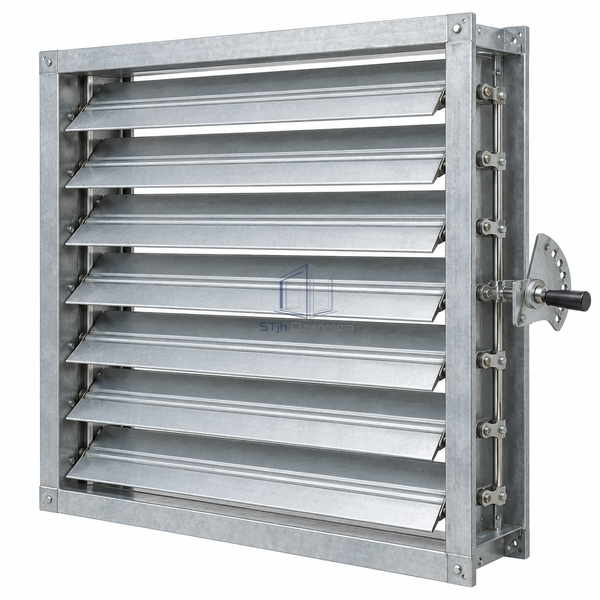 STJH-MANUAL-VOLUME-CONTROL-DAMPER-900X900 white-background main image of large manual damper with operating shaft