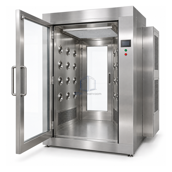 STjh 304 stainless steel material air-shower pass box with dense side jet arrays, upper HEPA plenum and electromagnetic doors