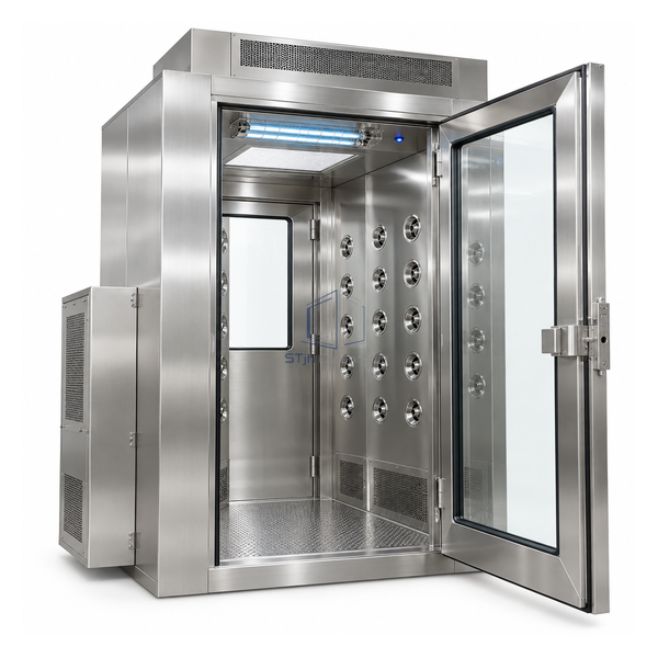 STjh 316L stainless material air-shower pass box with bilateral jets, HEPA plenum and guarded UV-C module