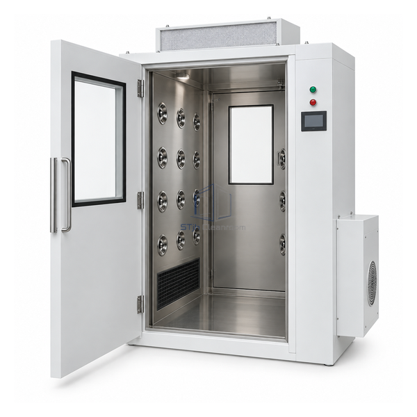 STjh powder-coated steel material air-shower pass box with tall cargo chamber, bilateral stainless jets and side blower