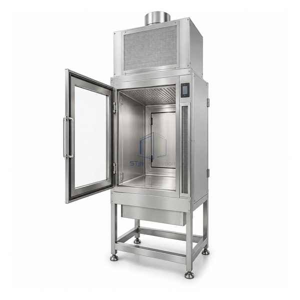 STjh compact 500 mm active material airlock with stainless body, H14 top plenum and vertical-flow diffuser
