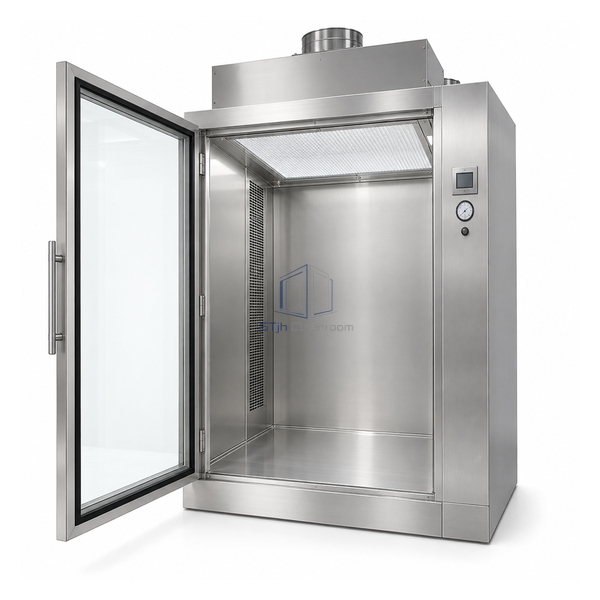 STjh medium 600 mm active material airlock with enlarged H14 blower, ceiling diffuser and return-air duct