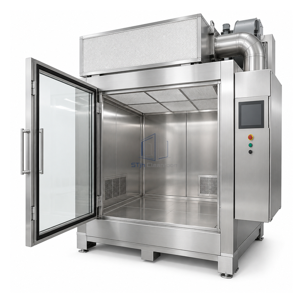 STjh large 800 mm active material airlock with broad stainless chamber, own-blower H14 housing and heavy base